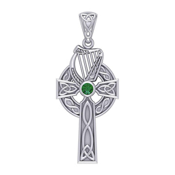 Celtic Knotwork Silver Cross with Harp Pendant TPD5865 - Jewelry